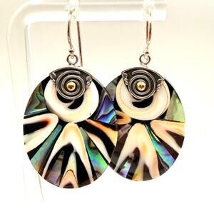 Signed Robert Manse Sterling Silver 925 18K Abalone Shell Mosaic Dangle Earrings